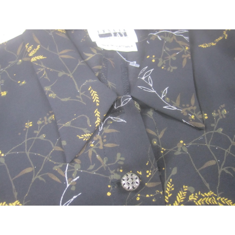Leslie Fay Shirt Womens 8 Black Floral Print Button Front Long‎ Sleeve Tie Cuff - Picture 3 of 10